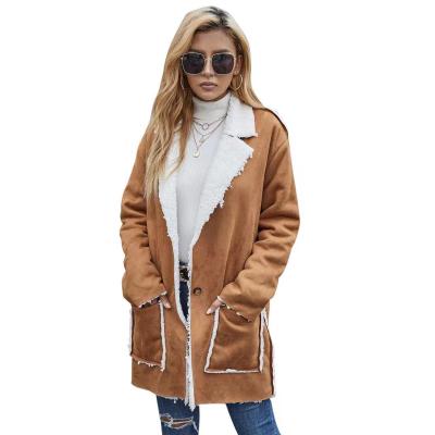 China Breathable Plush Lapel Stitching Pocket Loose Midi Coat Ladies Suede Fleece Jacket for sale