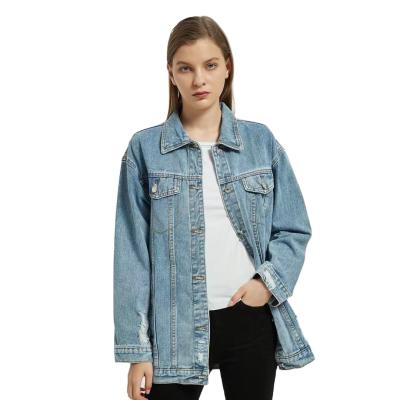 China Women's Breathable Lapel Washed Long Denim Jacket Ripped Slim Fit Blue Jeans Jacket for sale