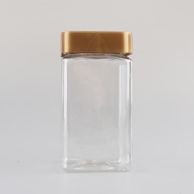 China Empty Plastic Food Cookies Storage Square Jars With Gold PP Lids 330ml 350ml for sale