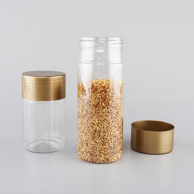 China Plastic Clear Food Jars For Quinoa Storage Containers With Gold Lids for sale