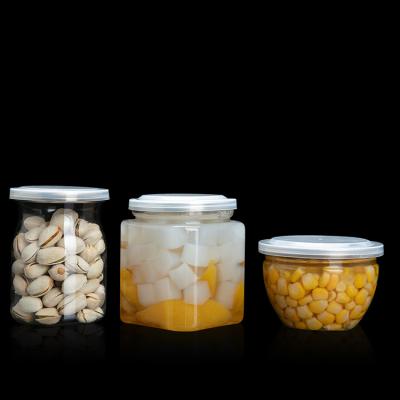 China Custom Empty Plastic Food Tin Can Clear Fruit Canning Jars With Lids 250ml 330ml 500ml for sale