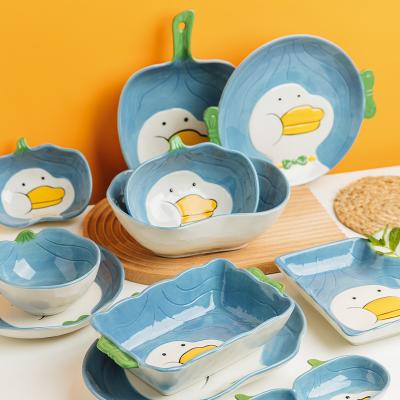 China Kids Disposable Baby Ceramic Tableware Sets Cute Blue Duck Design Bowl Dish Plate Porcelain Dinner Sets for sale