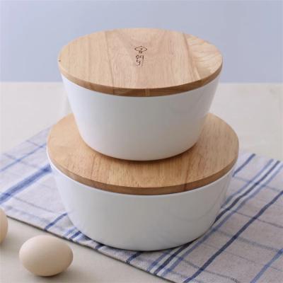 China Factory direct sale viable custom logo china mixing salad bowl with wooden lid for sale