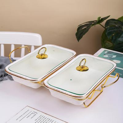 China Hotel Restaurant Home Factory Directly Supply Golden Rim Rectangle Ceramic Saucepan Food Warmer Two-piece Porcelain Buffet Soup Pot Used Food for sale