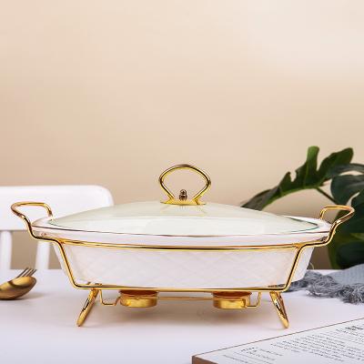 China Home Ceramic Oval Food Warmer Porcelain Chafing Dish Casserole Hotel Restaurant China Manufacturer Buffet With Glass Lid Used Food for sale