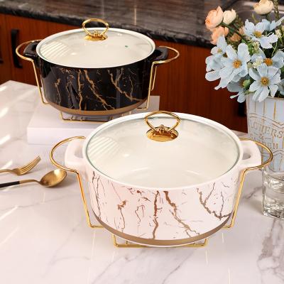 China Hot Selling Luxury Gold Oval Marble Shape Sustainable Buffet Food Heater Container Ceramic Soup Pot With Iron Stand for sale