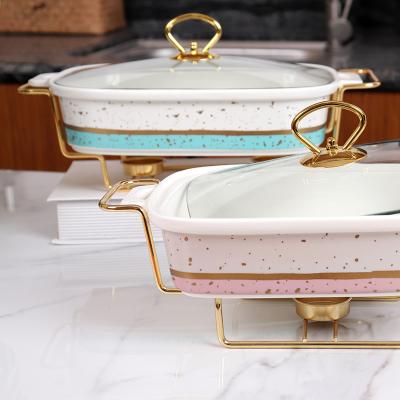 China Wholesale Home Luxury Spotted Rectangle Gold Rectangle Ceramic Restaurant Hotel Buffet Food Warmer With Iron Stand Used Food for sale