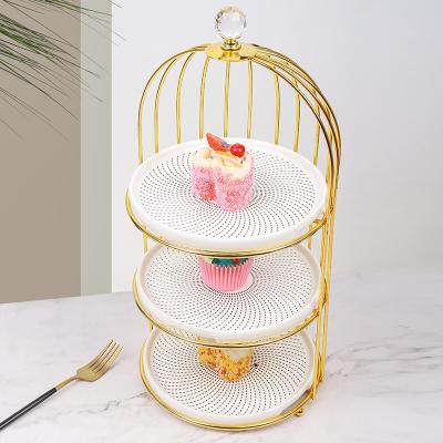 China Luxury Metal Wedding 3 Tier Cake Stand Garden Hotel Afternoon Tea Birdcage Design Three Layer Viable Cake Patter for sale