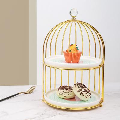 China Creative Viable Birdcage Design Tray Gold Color Afternoon Tea Ceramic Hotel Garden Cake Two Layer Round Marble Serving Dish for sale