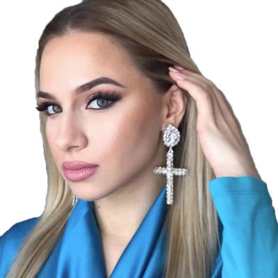 China Shiny Exaggerated Cross Earrings Rhinestone TRENDY Women Cross Earrings Fashion Accessories for sale