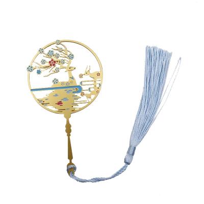 China All Area Chinese Style Fan Shape Metal Bookmarks Soft Enamel Gold Brass Bookmarks With Tassel for sale