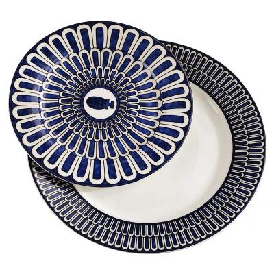 China Disposable Wholesale Dinner Dish Set Fine Bone China Handmade Fine Wedding Plates Blue Porcelain Dinnerware Set for sale