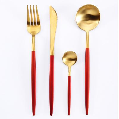 China New Design European Disposable Metal Silverware 4 Pieces Gold Stainless Steel Italian Tableware Spoon Fork Knife Red Luxury Cutlery for sale