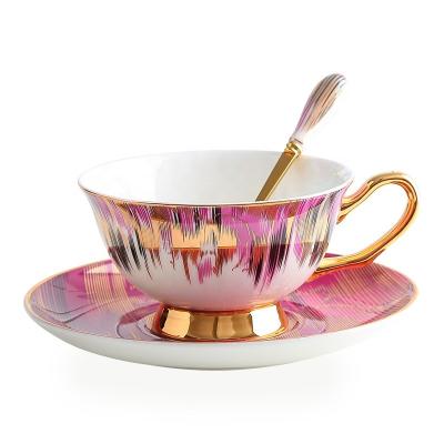 China Viable European Style Coffee Bone China Coffee Cup Home High End Flower Tea Cup Set Gold Luxury Ceramic Red Rim Tea Cup for sale