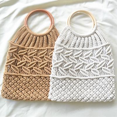 China Macrame Cotton Rattan Handle Cotton Yarn Crochet Weave Leaf Pattern Eco-Friendly Macrame Bags New Handmade Bag Style for sale