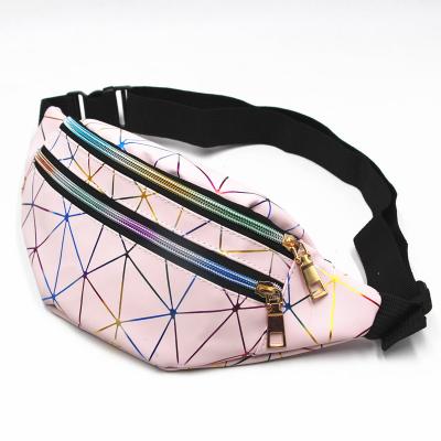 China Water Proof Geometric Triangle Rhombus Hologram Stripe Printing PU Sports Waist Pack Fanny Bag for sale