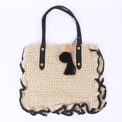 China Ruffle Paper Crochet Beach Bag Product Vacation Bags Elegant Pom Tassel Ruffle Trim Paper String Crochet Beach Handbag Packaging for sale