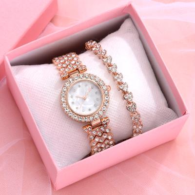 China Day/Date 2pcs Woman Iced Out Watch Set With Cuban Bracelet Set Ladies Watches Sets Relogio Feminino for sale