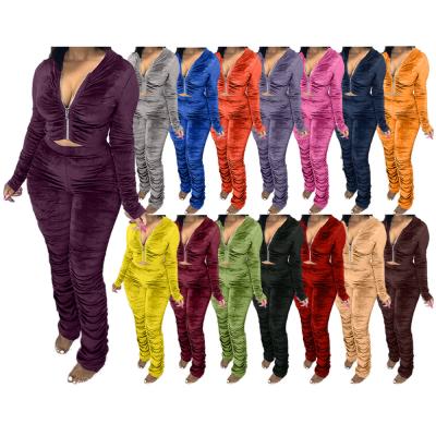 China 2021 Anti-static Autumn Fashion Women Clothing Stacked Pleated Solid Color Zipper Tracksuit 2 Pant Set Two Piece Suit for sale