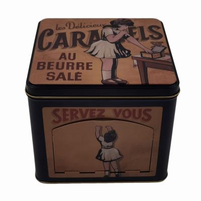 Chine Boîte carrée adaptée aux besoins du client de Tin Can Hinged Lid Tin de sucrerie de caramel avec l'ouverture de distributeur à vendre