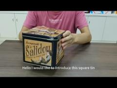 Customized Square Caramel Candy Tin Can Hinged Lid Tin Box With Dispenser Opening