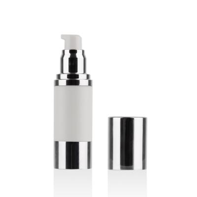 China Packages 15ml 30ml 50ml Luxury Airless Skin Care Cosmetic Bottles White Airless Serum Bottle With Silver Aluminum Lotion Pump for sale