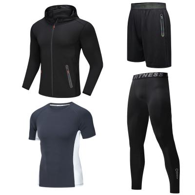 China Custom Logo Print Cheap T-shirt 88%Polyester+12%Spandex Professionally Made Breathable Running Outdoor Sports Four Piece Sports Suit for sale