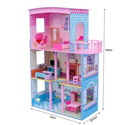 China Mini Toy Triple Storeys MDF Easy Assembly Kids Wooden Dollhouse with Mini Furniture,DIY Wooden Doll House for sale