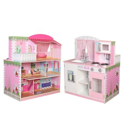 China Cartoon Toy Interesting Role Play Interactive 2 in 1 Wooden Dollhouse and Play Kitchen Toy Set Best Selling Miniature Dollhouse for Christmas for sale