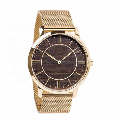 China Amazon Success Wristwatch Wood Watch Alarm Ladies Quartz Watches Stainless Steel Bamboo Wood Back Watch With Mesh Strap for sale