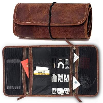 China Multifunctional Leather Case Travel Electronics Leather Organizer Bag for Cables Instruments Digital Memory Carrying Case Small Pouch for sale