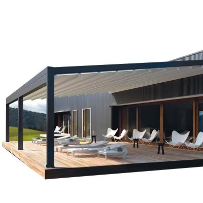 China Waterproof Outdoor PVC Bioclimatic UV Protection Motorized Retractable Retractable Pergola With Led Lights for sale