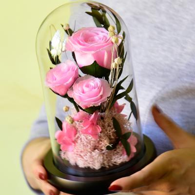 China High Quality Green Rose Glass Dome Eternal Stem Valentine Day Roses Preserved Real Environmental Protection Long Fresh Gifts for sale