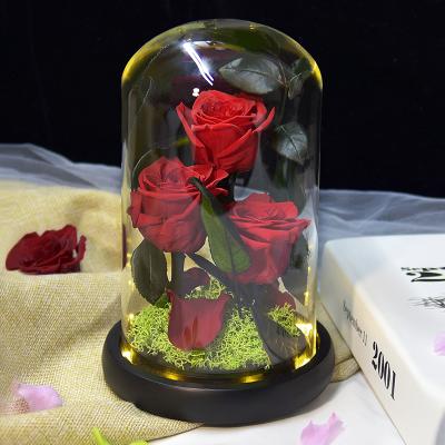 China Environmental Protection Valentines Day Christmas Gift LED Green Romantic Light Preserved Roses Flower Box Eternal Immortal Dome Rose Glass for sale