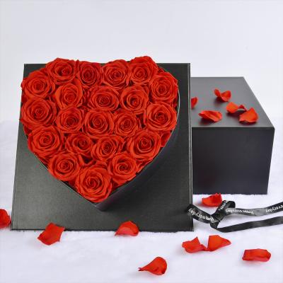 China Real Fresh Flower 100% Natural China Factory Red Rose Flower Box Preserved Long Lasting Velvet Box Customized Preserved Roses In Heart Gift Box for sale