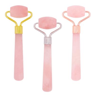 China New Design OEM face massager jade skin roller crystal premium real natural pink jade metal facial mounted mini quartz jade rollers for sale