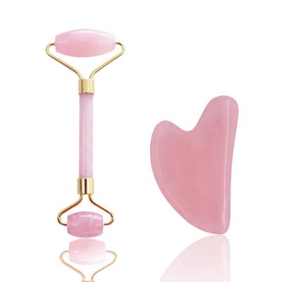 China Silent Zinc Alloy Built-in Frame Jade Stone Rose Pink Quartz Natural Anti Aging Jade Facial Roller Facial Massager Tool for Face for sale