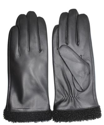 China Simple ladies black leather glove with teddy velvet cuff for sale