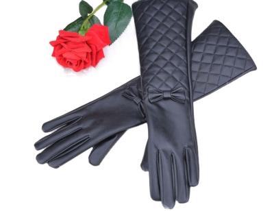 China Plain Ladies Leather Gloves Long Fashion Bow Black Leather Gloves for sale