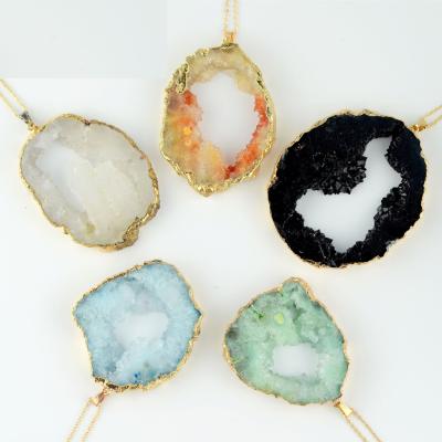 China New Arrivals Crystal Bud Pendant Necklace Personality Colorful BOHEMIA Hollow Surround Geometric Natural Stone Agate Geode Pendant for sale