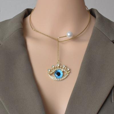 China High Quality Trendy 18K Gold Plated Devil Eyes Statement Bling Adjustable Open Crystal Evil Eyes Pendant Necklaces Pearl Necklace Necklace for sale