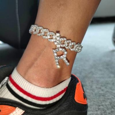 China Hip Hop New Fashion 18K Gold Plated Letter Anklet Punk Custom Iced Out CZ Bling Zircon A-Z 26 Initial Letters Cuban Chain Anklet for sale