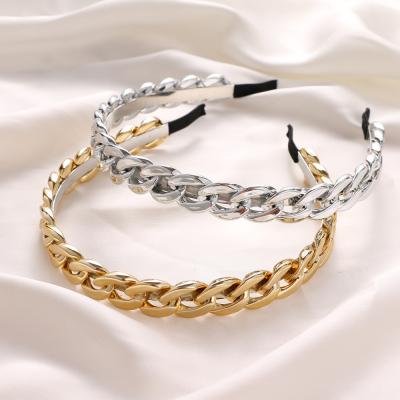 China Fashion Amazon Hottest Selling 18K Gold Sliver Plated Shiny Classic Cuban Hair Band Stainless Steel Chain Link Hair Bands For Trendy Women for sale