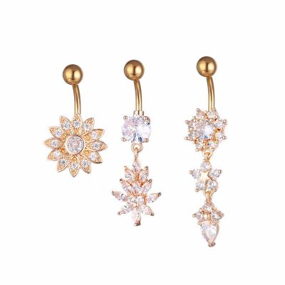 China Fancy Stainless Steel Crystal Flower Shape Piercing Jewelry Shiny Rose Gold Belly Button Rings Titanium Exquisite Fashionable High Quality for sale