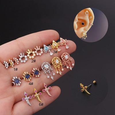 China 2021 FASHION new arrived surgical steel cartilage pierced outlet CZ Zircon moon dream catcher shiny iced out piercing jewelry for sale