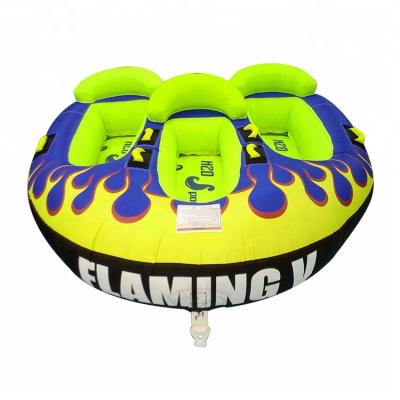 China Heavy Duty PVC& Wholesale Nylon Branded Full V Inflatable Water Sports 3 Person Safe Sit In Towable Tube for sale