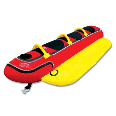 China Heavy Duty PVC and 3 Person Lake Boat Tube Rider Inflatable Hotdog Banana Towable Custom Made Nylon Triple Tube Boat Toys with Nylon Cover for sale