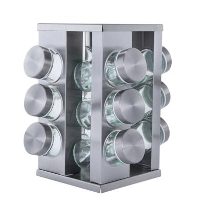 China Stainless Steel Swivel Square Glass Kitchen Rack Rotating Jar Spice Seasoning Bottles Set Salt Pepper Shakers Spice Tools for sale