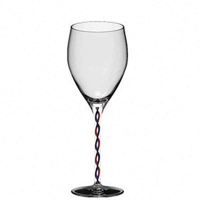 China Handmade custom thin rim ine glass with red/blue swirl stripe in stem for sale