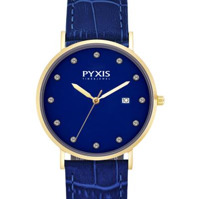 China Day/Date Best Value Unisex Genuine Leather Quartz Watches Deep Blue for sale